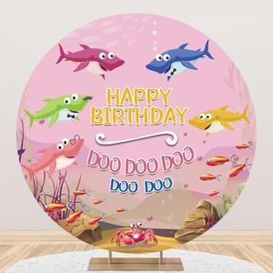 Renaiss 6x6ft Shark Family Round Backdrop Covers for Photoshoot Kids Portrait Colorful Sharks Fishes Doo Doo Doo Pink Circle Photography Background Happy Birthday Party Decors Photo Booth Props