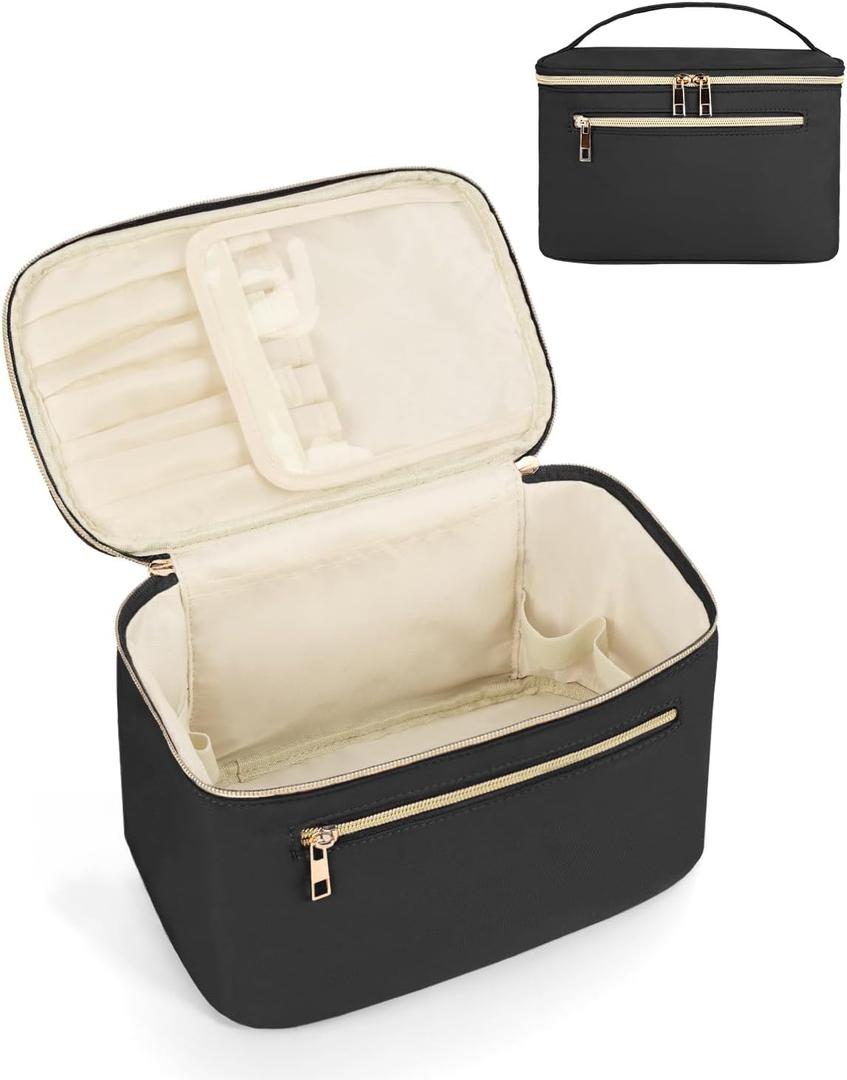 Wandering Nature Large Makeup Bag, Travel Make Up Organizer Cosmetic Brush Bags Case for Women in Fabric,Black,Patent Pending