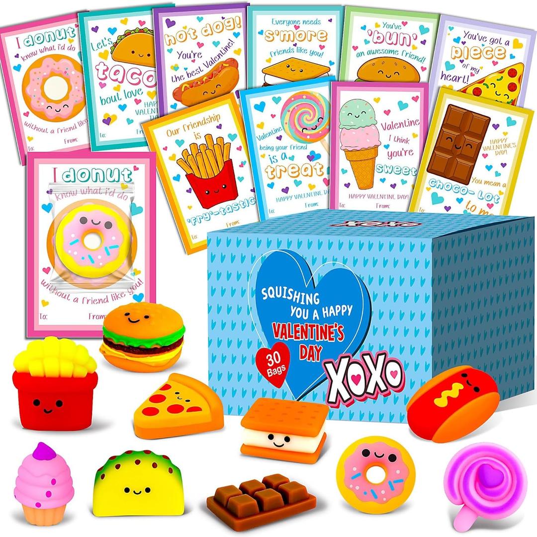 Valentines Day Cards for Kids School - 30 Pack Kawaii Mochi Squishy Valentines for Class, Non Candy Valentines Classroom Gifts for Girls Boys & Classmates Exchange, Party Favors for Daycare Preschool