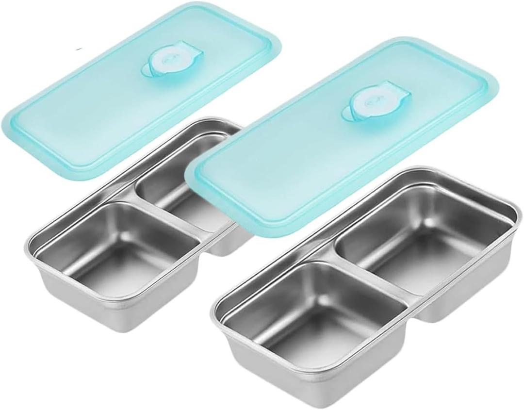 2 x 2 Pcs Reusable Double Compartment Stainless Steel Snack Containers With Lids Grab And Go Snack Containers For Travel And School