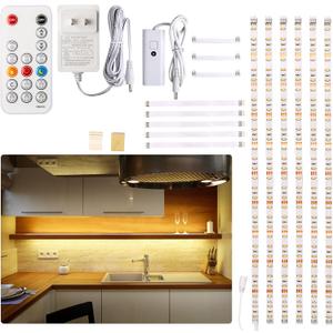 WOBANE Under Cabinet LED Lighting Kit, 6 PCS Dimmable LED Strip Lights with Remote Control Dimmer, 24W Adapter, Hidden 2700K Warm White Set, Bright 1500lm, Timing, Kitchen, Counter, Shelf, Showcase, 6*20inch