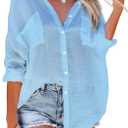 Bsubseach Button Down Swim Cover Up Shirt Sexy Long Sleeve Beach Blouse Bathing Suit Cover Ups for Women (One Size, Light Blue), fit us size XS, S, M, L