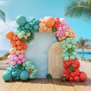 Hawaiian Balloon garland Arch Kit Coral Blush Pink tropical eal Mint Peach Double stuffed balloons with Palm Leaves For Aloha baby shower Luau Beach by Pool party ana Birthday Party Decorations