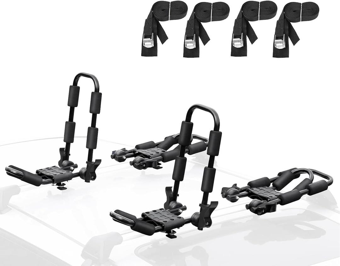 Leader Accessories Folding Kayak Rack 4 PCS/Set J Bar Car Roof Rack for Canoe Surf Board SUP On Roof Top Mount on SUV, Car and Truck Crossbar with 4 pcs Tie Down Straps