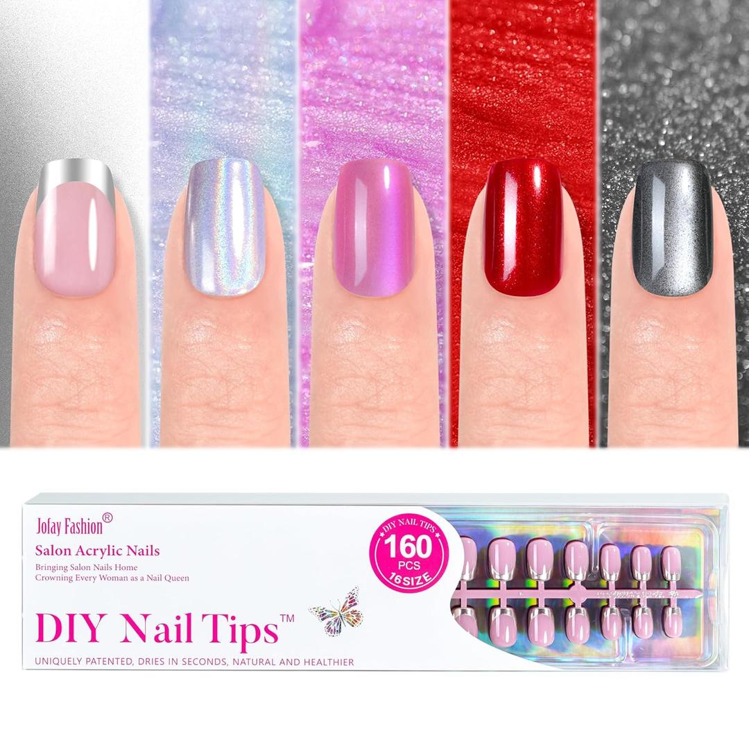 Press on Nails Short 5 Styles, Jofay Fashion 160Pcs Salon-Like Fake Nails with Chrome/Rainbow Laser/Chasing Light Cat Eye Designs, Acrylic French Tip Press on Nails Glue on Nails (A-01 Winter Daily)