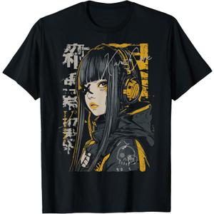 Japanese Streetwear Cyberpunk Y2K Techwear Retro Manga Anime T-Shirt (XL, Black)