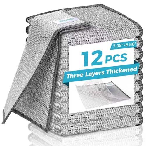 Forggon12 Pcs New Upgrade 3-Layer Metal Dish Cloth, No Scratches and No Odor, Multipurpose Wire Dishwashing Rag for Wet and Dry, Kitchen Cleaning DishRags,Sinks,Dishes,Stove Top, Dimensions(7.08X8.86)