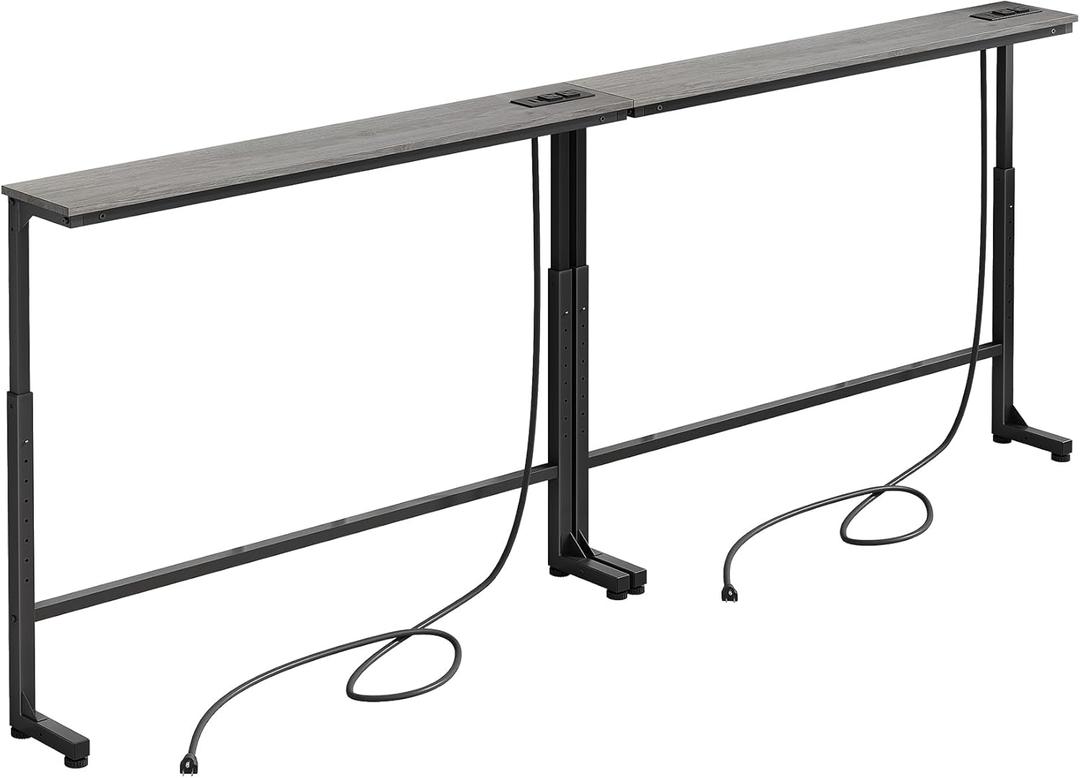 Kitstorack 2-Pack Dark Gray Long Sofa Table Behind Couch, Adjustable Height (25"-33") & 2 Power Outlets, Narrow Console Table, 5.9" D x 79" L, Thin, Split Design for Separate Use (Grey)