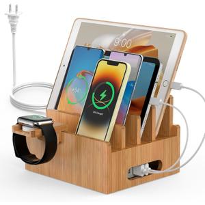 Pezin & Hulin Bamboo Charging Stations, Cell Phone Organizer for Multiple Devices, Tablets, Smart Watch, Included 5 Port USB Charger, Pack 5 Cables