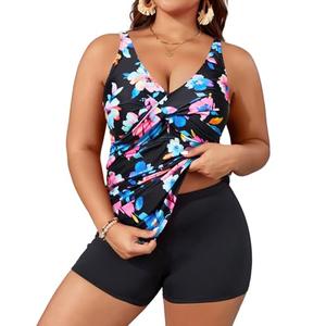 Aqua Eve Plus Size Tankini with Shorts Two Piece Swimsuits Tummy Control Bathing Suits for Women Colorful Floral 22W