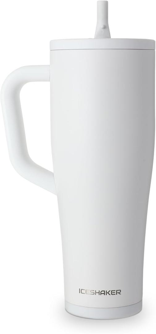 Ice Shaker 40 oz Tumbler with Handle and Straw | 40oz White | Cold for 30+ Hours | 2-in-1 Tumbler Shaker Bottle | Odor-Free 40 ounce Bottle for Water, Protein Shakes, Smoothies, Cocktails