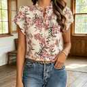 Women's Pink Floral Print Ruffle Neck Blouse Tie Front Cap Sleeve Chiffon Top Casual Summer Shirt (6X-Large)