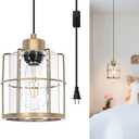 Modern Industrial Plug-in Hanging Pendant Light, Clear Glass Shade Hanging Lamp with Plug in Cord, Gold Cage Plug in Hanging Lights Fixtures for Kitchen Island, Living Dining Room, Bar, Hallway