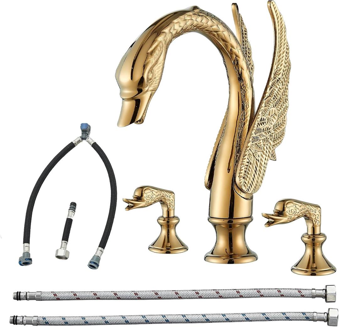 Gold Swan Bathroom Sink Faucet 3 Holes Widepspread Bathroom Faucet Double Swan Handles Basin Faucet Sink Mixer Tap Bathroom Vanity Faucets Contemporary Sink