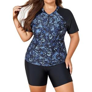 Smismivo Plus Size Tankini Swimsuit for Women Two Piece Rush Guard Bathing Suit with Shorts Swimwear Swim Shirt Tummy Control 2XL, Black Floral Blue