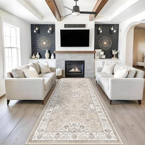 4x10 Hallway Wide Runner Rug: Washable Oriental Soft Area Rug for Living Room Bedroom Stain Resistant Low Pile Carpet for Entryway Ktichen Thin Non Slip Floor Mat for Bathroom Dining Room(Beige,4x10)