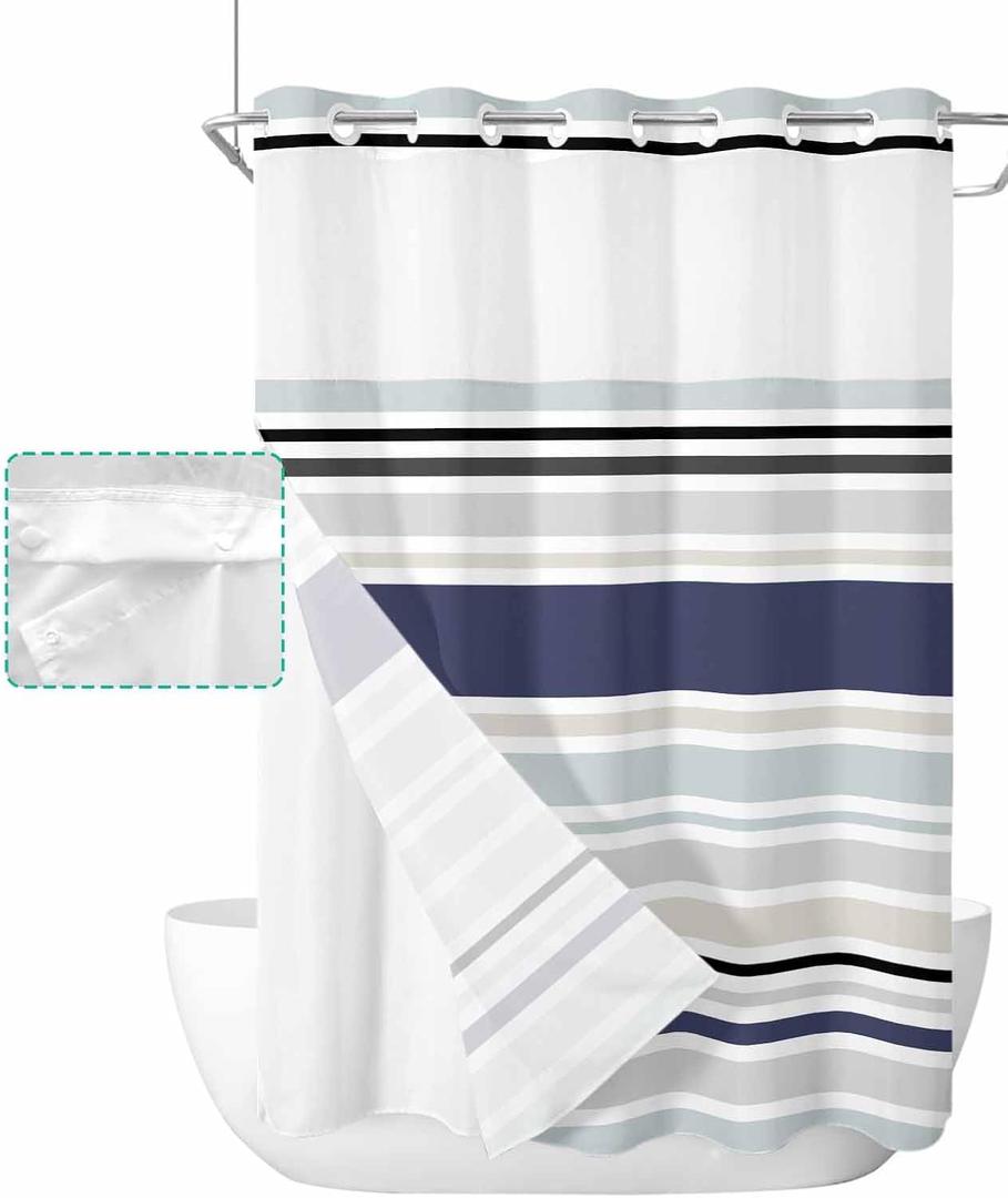 No Hook Shower Curtain with Snap in Liner Set,Abstract Geometric Stripes Waterproof Fabric Shower Curtains Simple Modern Minimalist Art Double Layer Bath Curtain for Bathroom,60Wx72H (Blue)