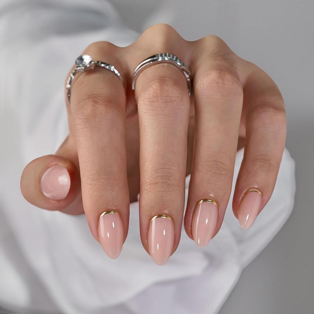 BTArtbox Press On Nails Almond  Short Gold Foil Press On Nails with Glue for Women, SemiTransparent Soft Gel Glue On Nails in 16 Sizes  32 Stick On Nails Kit, Gold End