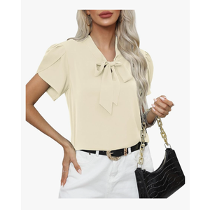 CZYINXIAN Women's Casual Petal Short Sleeve Chiffon Shirts Elegant Bow Tie Knot Business Top Blouse S