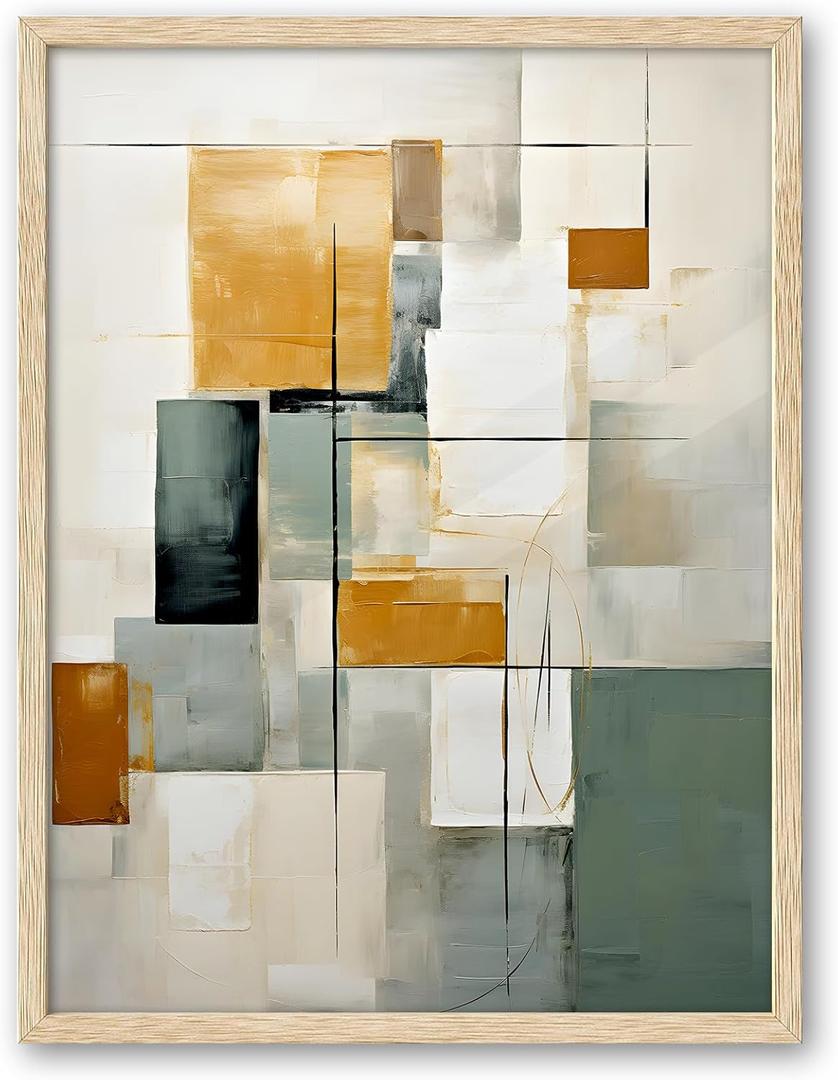 iHery Natural OAK Wood Abstract Geometric Framed Wall Art, Large 16x20 in Emerald Green Earth Tones and Ocher Canvas Wall Art, Modern Beige Minimalist Bedroom Wall Decor Living Room Bathroom 1Pack (20L" x 16W")