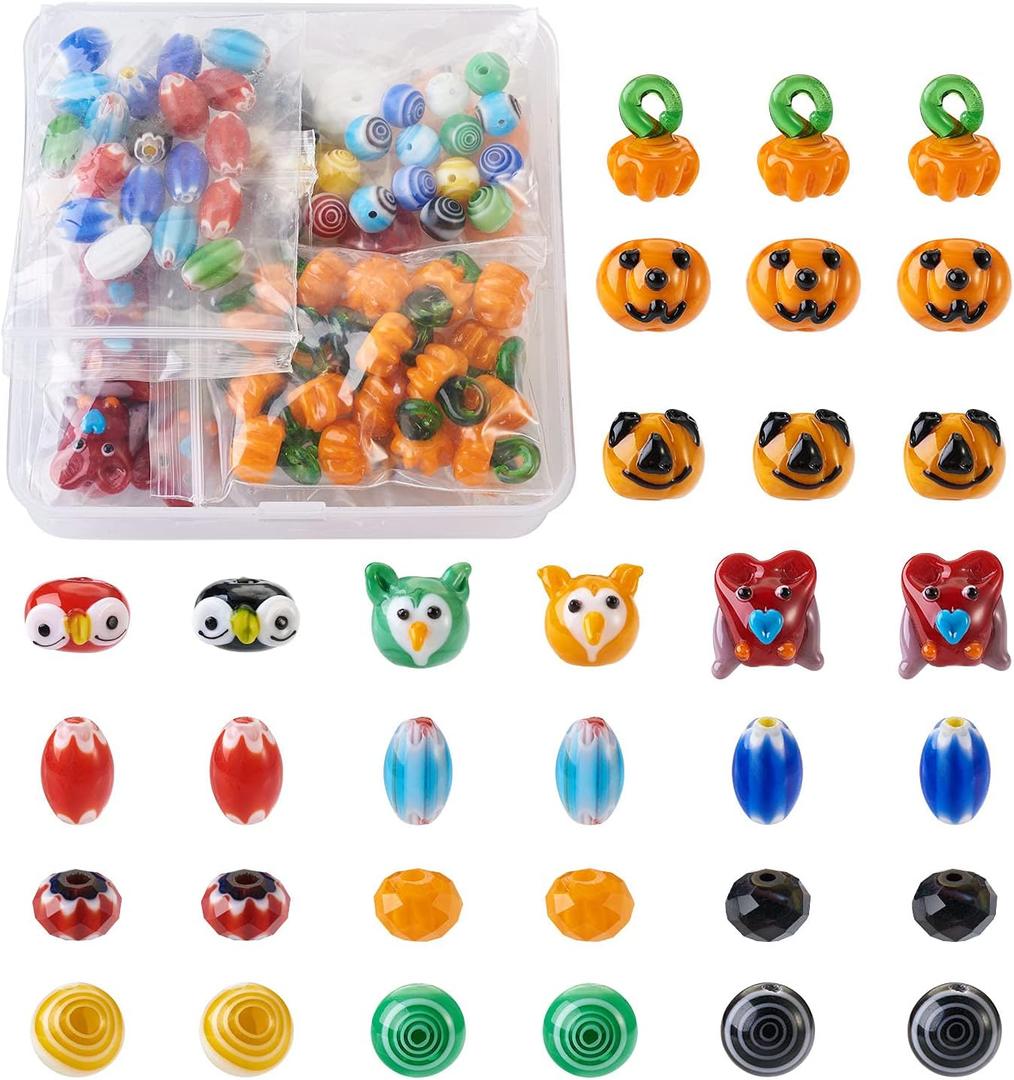 Craftdady 100pcs Handmade Lampwork Glass Spacer Beads Halloween Pumpkin Owl Rondelle Oval Loose Beads for Bracelets Necklaces Earrings Jewelry Crafts Making (Mixed Color Halloween)