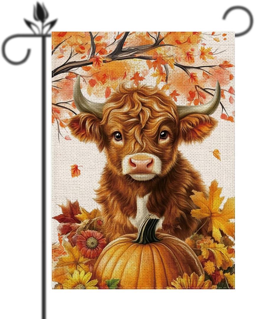Fall Cow Garden Flag Cow and Pumpkins Seasonal Aumtumn Welcome Flags for Farmhouse Yard Lawn Decor Vertical Double Sided 12.5 x 18 Inch