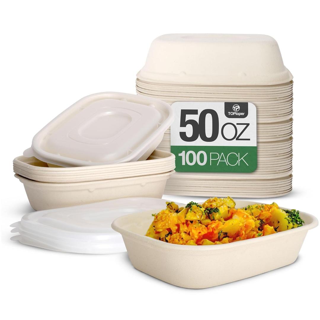 100 Pack 50 Oz Large Paper Bowls with Lids, Heavy Duty Compostable Paper Bowls for Party, Disposable Bowls Bulk Leakproof and Microwave Safe for Hot/Cold Use (50 Oz)