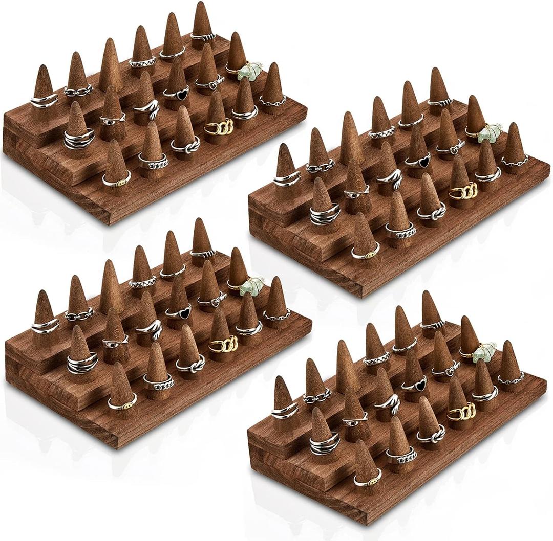 Juexica Wood Ring Display, 4 Pcs Ring Display Stand, 18 Fingers Ring Holder, Wood Jewelry Display for Ring Organizer Show Storage, Brown