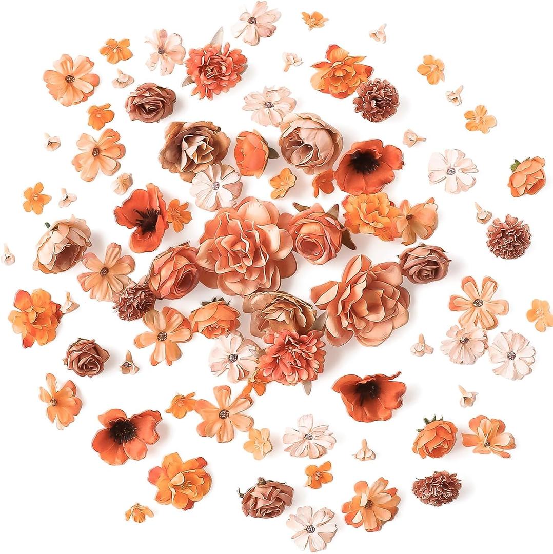 Floroom Mini Artificial Flower Heads Burnt Orange & Terracotta Fake Peony Daisy Rose Multicolor Small Faux Silk Flower Heads for Cake Craft Garland Wedding Party Graduation Cap DIY Home Decoration (Dusty Bloom Terracotta)