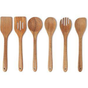 Amazon Basics Wooden Cooking Utensils, 6-Piece Set, Acacia Wood, Pre Oiled, Cookware-Safe, Ideal for Nonstick