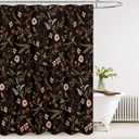 Tititex Boho Rustic Floral Black 140 GSM Faux Linen Shower Curtain, Vintage Morris Watercolor Green Leaves Plant with Red Florals Print Bathroom Decoration Shower Curtain Sets 71x73 in with Hooks