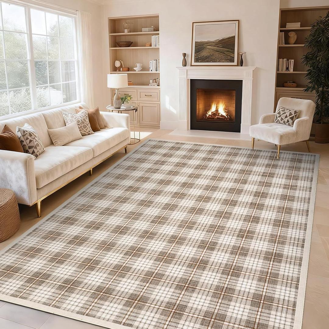 GarveeHome Checkered Area Rugs 5x7 for Living Room, Machine Washable Non Slip Backing Rug, Stain Resistant Low-Pile Indoor Outdoor Carpet for Bedroom Dining Room Office Nursery Beige
