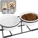 Ceramic Elevated Dog Bowl Set - Double Dog Food and Water Bowls with Metal Stand - Raised Pet Dishes for Puppies and Cats - 1 Cup - 13.5 fl oz - Matte White