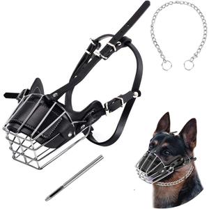 Dog Muzzle, Dog Metal Face Basket, Dog Mouth Breathable Adjustable Leather Leash Suitable for Large Medium-Sized Dogs (Black M)