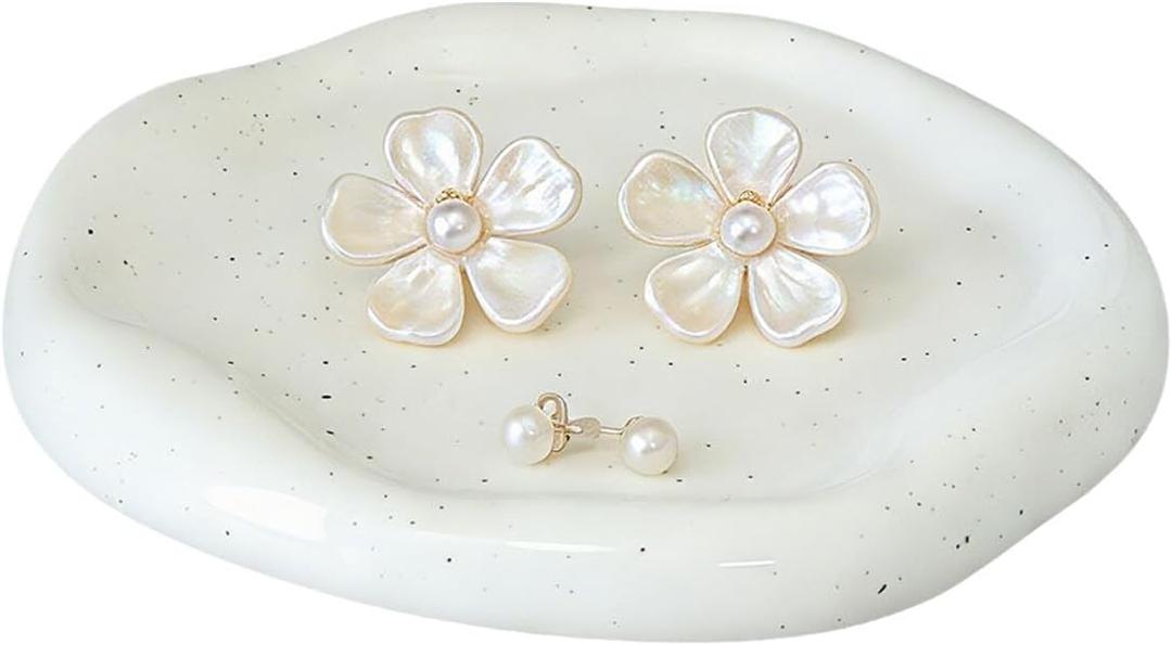 CHENACC Ceramic Jewelry Tray, White Round Cloud-Shaped Vanity Decorative Dish-Stylish Room Aesthetic Accessory, Catchall for Jewelry Watches Keys Round Plate Holder (7.5")