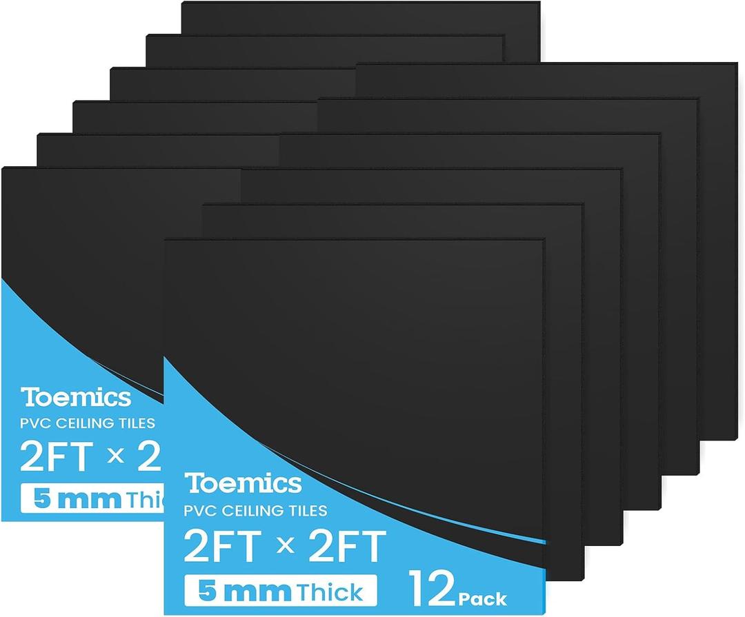 Ceiling Tile, 12 Pack Drop Ceiling 2ft x 2ft PVC Panel Cover 5mm Waterproof Washable and Fire-Rated Drop Tile 48 Sq. Ft - Black