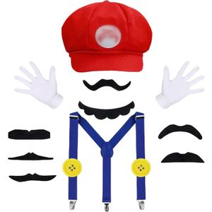 Bros Mary & Luigi Hat Costume Mustaches Gloves Buttons for Halloween Costume Cosplay