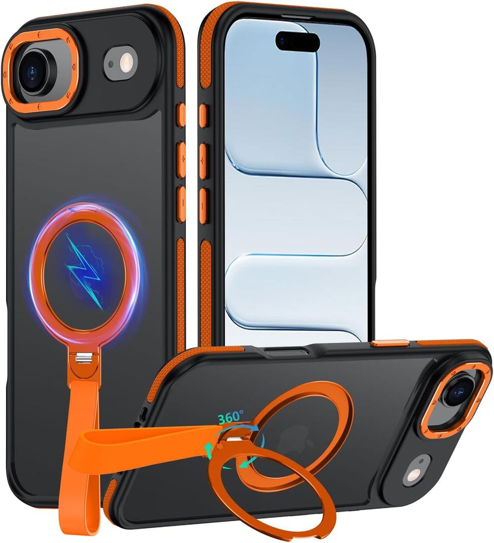 for iPhone 17 Air Case with 360 Spin Magnetic Stand-Finger Strap, [Fit for MagSafe][Mil-Grade Protection] Ring Holder Kickstand Shockproof Translucent Matte for iPhone 17 Air 6.5" (Orange)