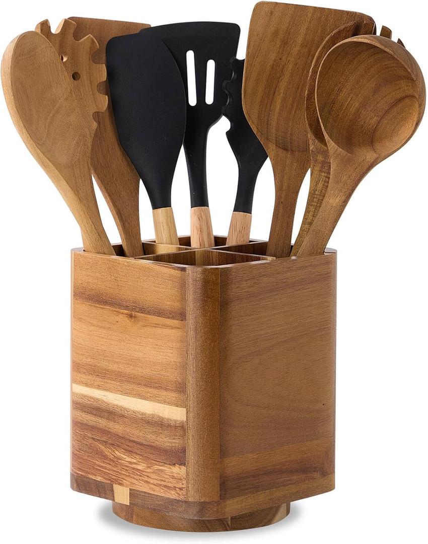 Wood Utensil Holder for Kitchen Counter, 360 Rotating Kitchen Utensil Holder, 7.2"x 6" Large Acacia Cooking Utensil Crock for Countertop (SQUARE)
