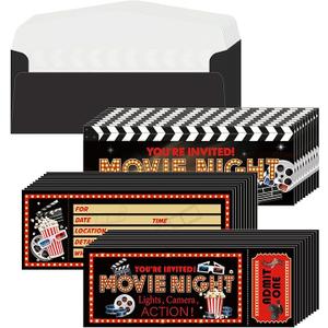 Woanger 50 Pieces Movie Party Invitations with Envelopes Movies Night Invitations 25 Film Tickets 25 Envelopes for Birthday Baby Shower Film Night Red Carpet Party(Movie)