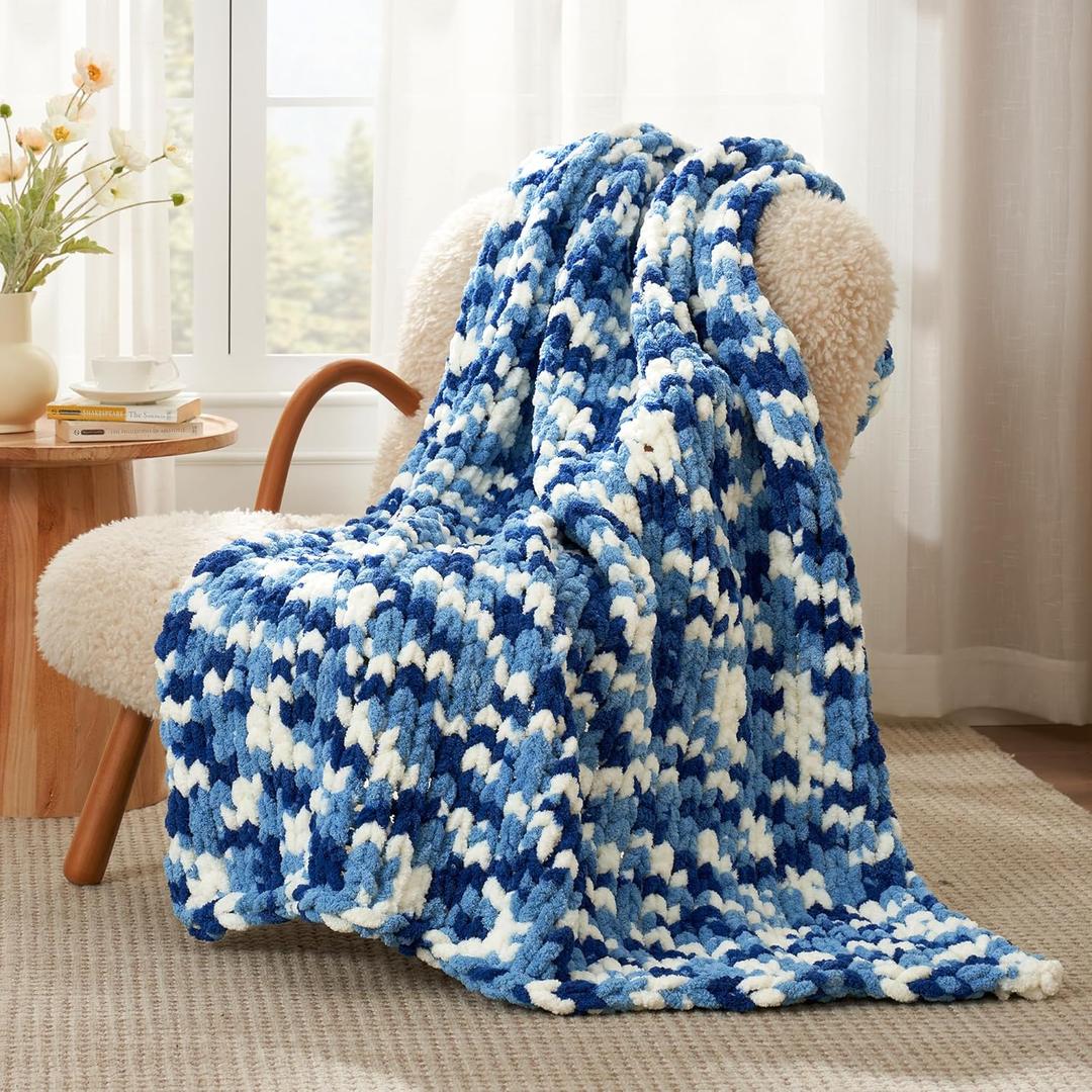 Amlie Home Chunky Knit Throw Blanket for Couch, Soft Chenille Crochet Blanket for Sofa, 50"x60", Space-Dyed Blue