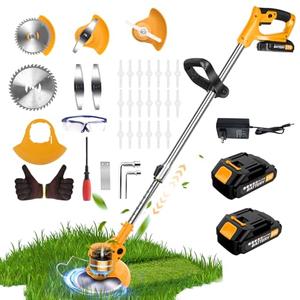 20000 RPM Electric Weed Wacker Cordless Eater, 21V Height Adjustable 6" Heavy-Duty Garden Edger Brush Cutter Cordless, Grass Trimmer Lawn Mower Trimmer with Blades, 2 Batteries, Charger (Yellow)