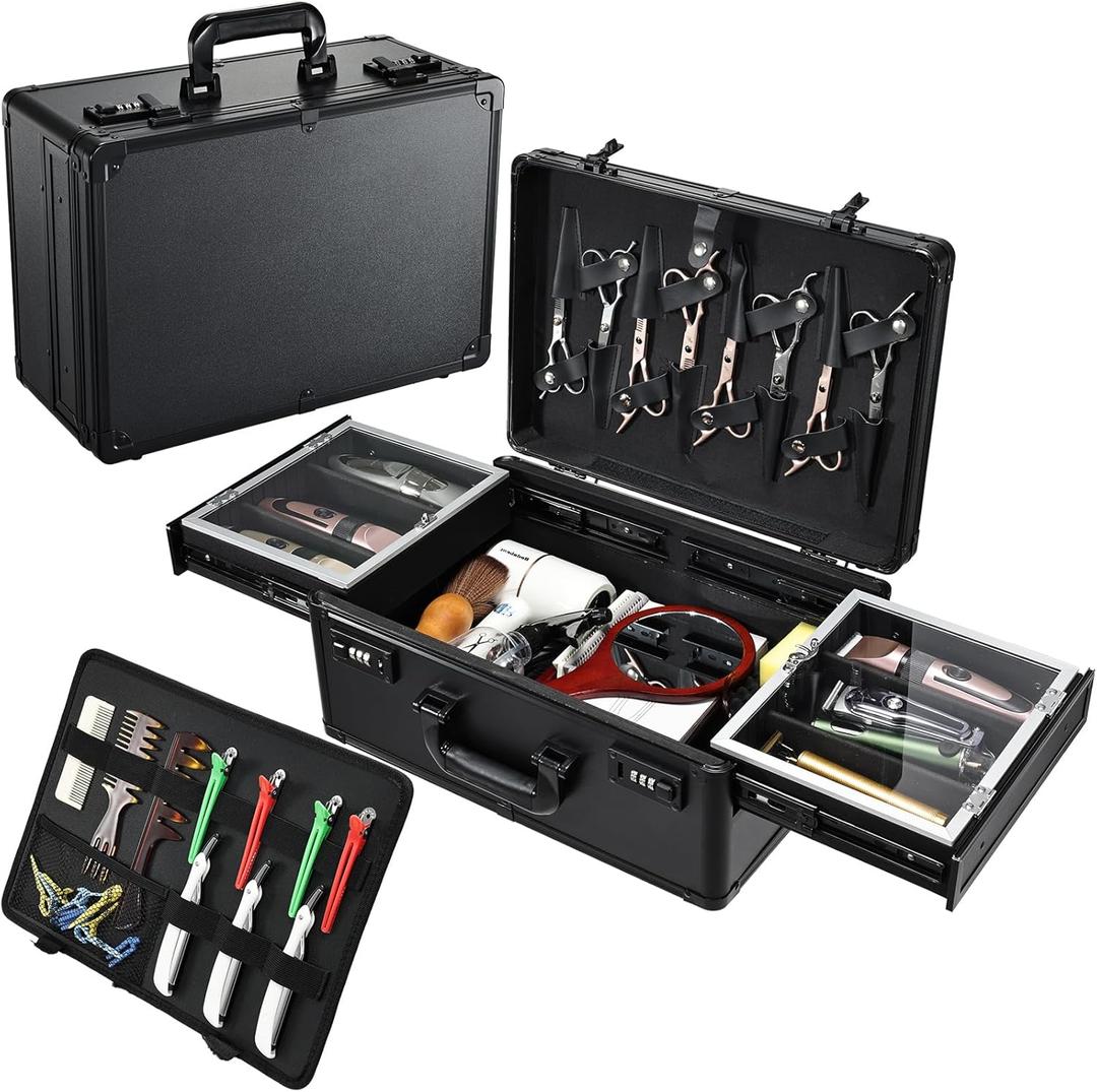 Barber Case 6 Clippers Sliding Tray, Profesional Barbers Briefcase Tool Case, Barber Cases for Clippers and Supplies, Hair Scissors Trimmer Organizer, Salon Hair Grooming Hard Travel Suitcase