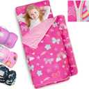 Primlect Toddler Nap Mat Extra Large Thickened 55''x35'', Soft Sleeping Bag with Detachable Minky Blanket and Pillow, Portable for Daycare, Preschool, Kindergarten, Travel, Boys and Girls (Rose Red Rainbow)