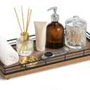 Bathroom Vanity Tray for Countertop, 12" x 6" Acacia Wood Toilet Tank Tray with Metal Guardrail, Bathroom Organizer for Soap, Perfume & Skincare, Non-Slip Decorative Tray for Dresser, Black & Acacia