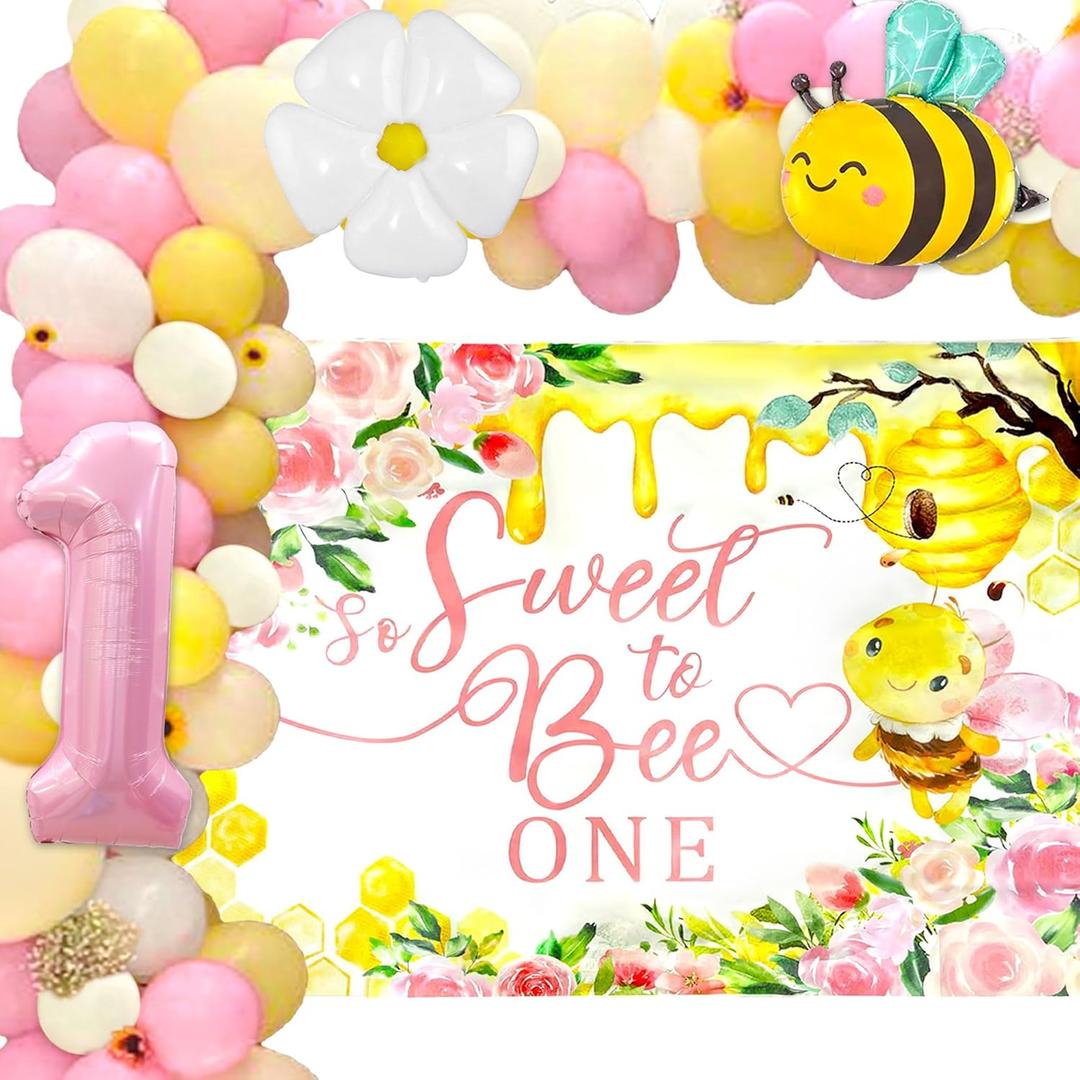 So Sweet to Bee One Backdrop First Bee Day Birthday Party Decorations Girl Happy 1st Bee Day Birthday Decor Bumble Balloon for Girl Fun to Bee One Baby Shower