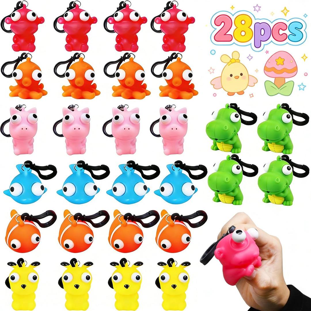 28PCS Popping Eyes Animal Squishy Fidget Toys, Cute Pop Out Eyes Stress Relief Squeeze Keychains for Kids Classroom Exchange, Party Favors, Birthday & Holiday Gifts