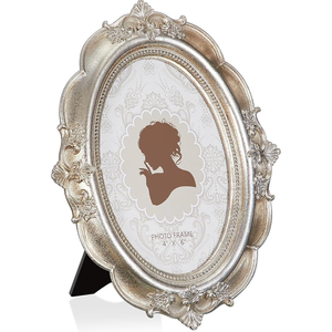 Qunclay 1Pcs Vintage Picture Frame Antique Baroque Ornate Resin Rectangle Oval Photo Frame with Glass Front Tabletop and Wall Decor for Home Wedding Christmas Party Decor(Silver,4 x 6 Inches)