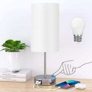 AKASUKI Table Lamp for Bedroom, 3 Way Dimmable Touch Lamp with Dual Charging Station, Small Bedside Lamps for Night Stands, Living Room, Office(LED Bulb Included) (14.25 in, White Shade-Silver Base)