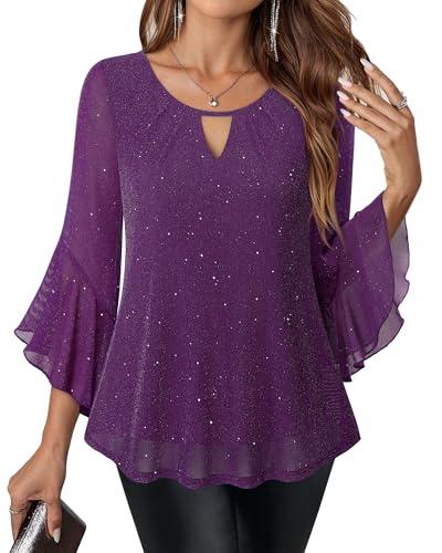 VALOLIA Plus Size Tops for Women: 3/4 Sleeve Sparkly - Women Dressy Blouses - Dressy Tops to Hide Tummy Holiday Vacation Chic Elegant Top Club Concert Shirts for Christmas Night Out Cruise Violet, 2XL